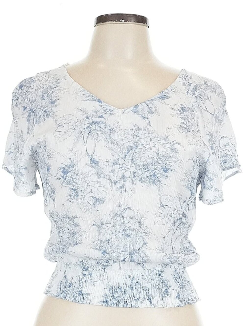 Paper Crane Floral V-Neck Smocked Waist Crop Top Blue White M